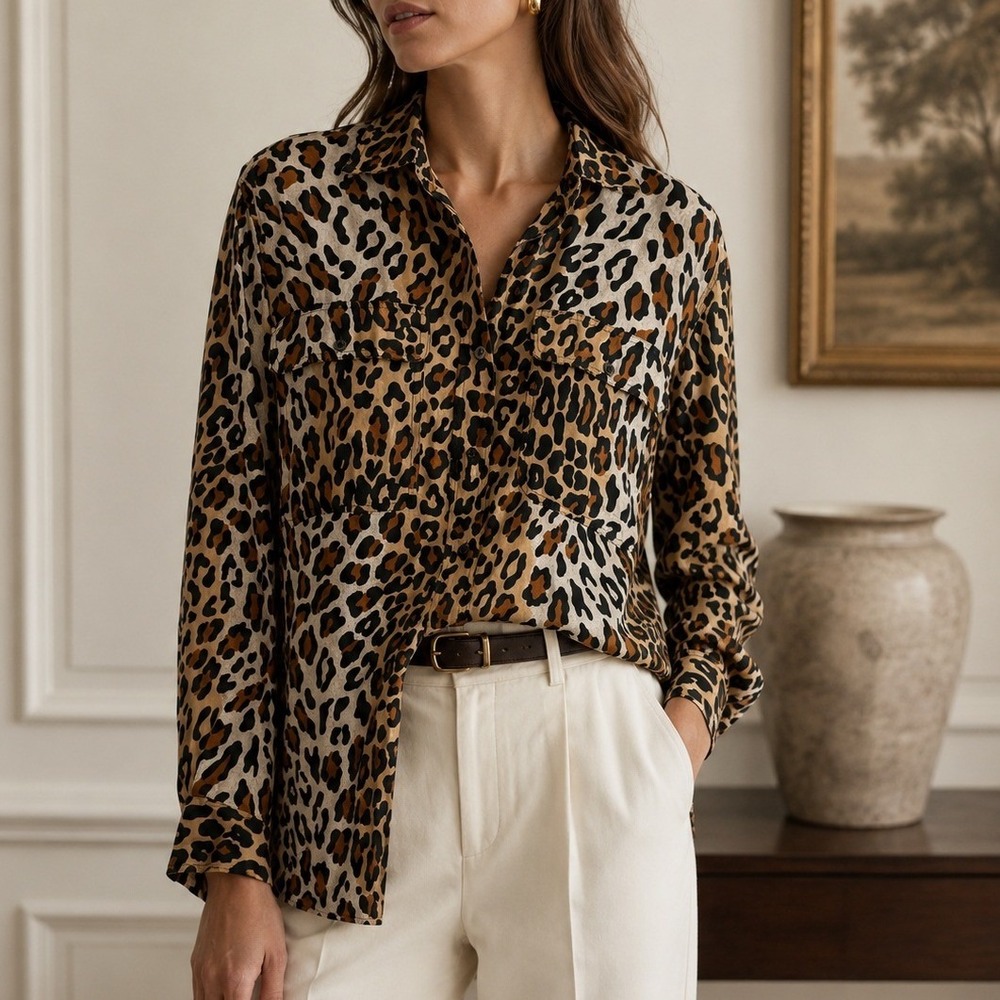 Lasoie Button Down‎ Shirt Leopard 100% Silk S Safari Long Sleeve Blouse Vintage